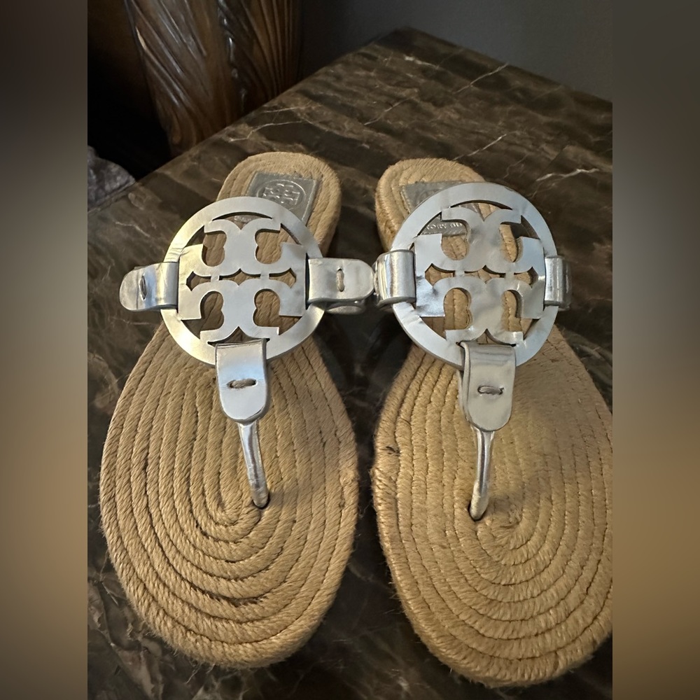 Tory Burch Silver Logo Rope Espadrille Thong Sandals